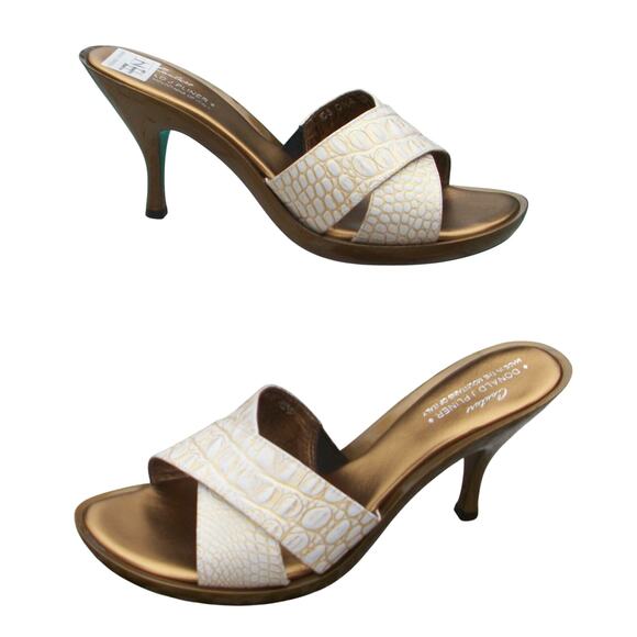 Donald Pliner White Gold Metallic Gator Leather Shoe New Slide New $235 NIB - Picture 3 of 3